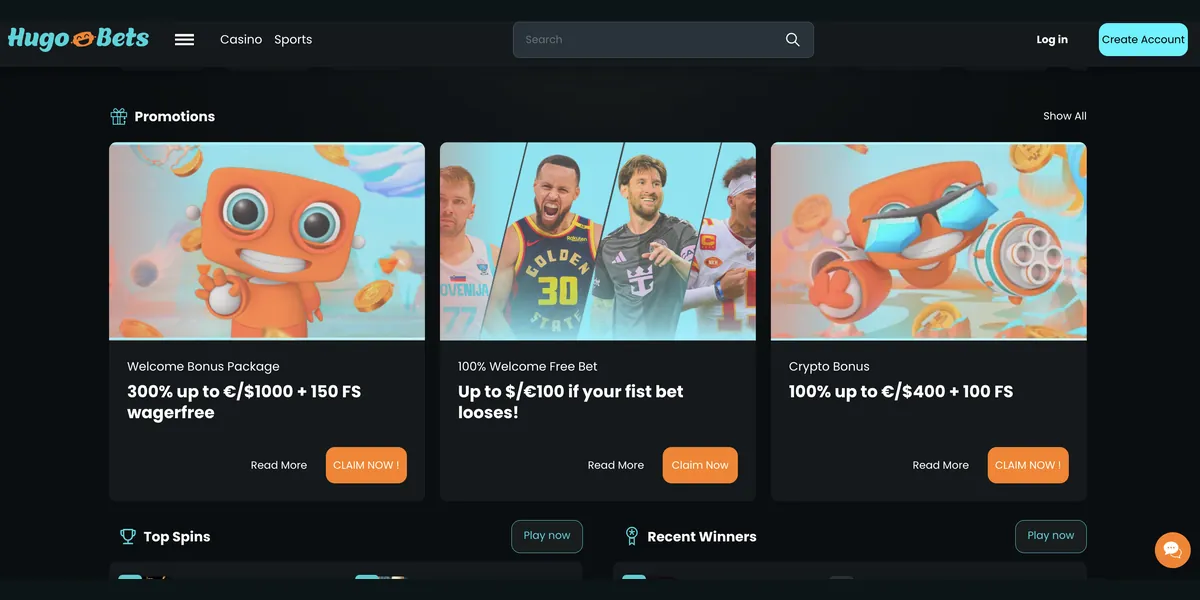 HugoBets Promotions: Welcome Bonus Package 300 % bis 1.000 € + 150 Freispiele, 100 % Welcome Free Bet und Crypto Bonus 100 % bis 400 €